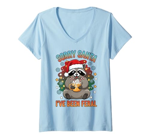 Damen Lustiger Weihnachts-Waschbär Sorry Santa I've Been Feral Holiday T-Shirt mit V-Ausschnitt Damen Lustiger Weihnachts-Waschbär Sorry Santa I've Been Feral Holiday T-Shirt mit V-Ausschnitt von Holiday Humor Raccoon Christmas Party Outfit