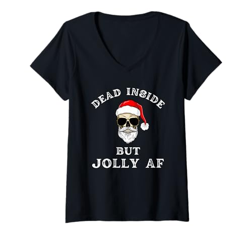 Damen Dead Inside But Jolly AF Lustiges Weihnachtsmann-Skelett T-Shirt mit V-Ausschnitt Damen Dead Inside But Jolly AF Lustiges Weihnachtsmann-Skelett T-Shirt mit V-Ausschnitt von Holiday Humor Vibes