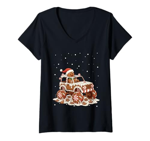 Damen Crush Weihnachten Lebkuchen Monstertrucks T-Shirt mit V-Ausschnitt Damen Crush Weihnachten Lebkuchen Monstertrucks T-Shirt mit V-Ausschnitt von Holiday Monster Trucks Enthusiast