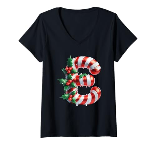 Damen Christmas Cheer Candy Cane E-Buchstabe T-Shirt mit V-Ausschnitt Damen Christmas Cheer Candy Cane E-Buchstabe T-Shirt mit V-Ausschnitt von Holiday Numbers & Letters Click Here for More...