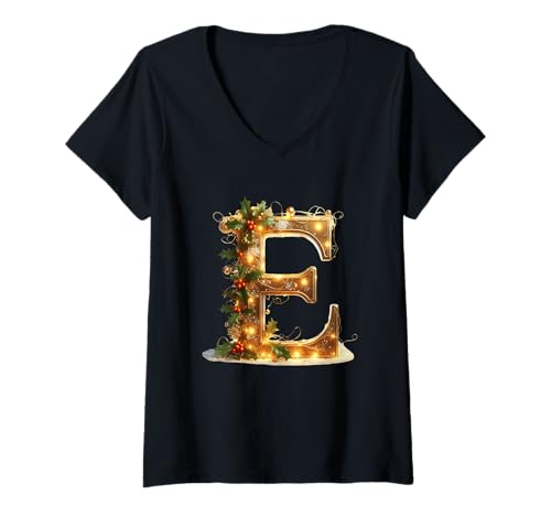 Damen E Monogramm Weihnachtsbeleuchtung Stechpalme Dekor T-Shirt mit V-Ausschnitt Damen E Monogramm Weihnachtsbeleuchtung Stechpalme Dekor T-Shirt mit V-Ausschnitt von Holiday Numbers & Letters Click Here for More...