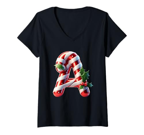 Damen Festlicher Zuckerstangen-Buchstabe A Stechpalmen-Design T-Shirt mit V-Ausschnitt Damen Festlicher Zuckerstangen-Buchstabe A Stechpalmen-Design T-Shirt mit V-Ausschnitt von Holiday Numbers & Letters Click Here for More...