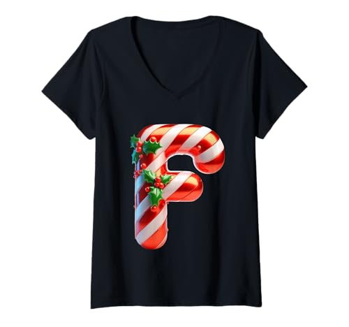 Damen Festlicher Zuckerstangen-Buchstabe F Weihnachten T-Shirt mit V-Ausschnitt Damen Festlicher Zuckerstangen-Buchstabe F Weihnachten T-Shirt mit V-Ausschnitt von Holiday Numbers & Letters Click Here for More...