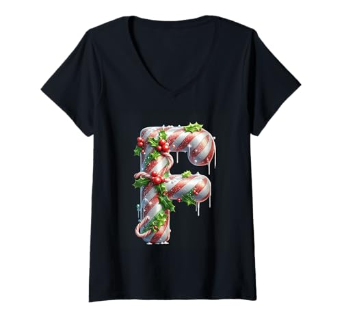 Damen Frohe Weihnachten Zuckerstange Buchstabe F T-Shirt mit V-Ausschnitt Damen Frohe Weihnachten Zuckerstange Buchstabe F T-Shirt mit V-Ausschnitt von Holiday Numbers & Letters Click Here for More...