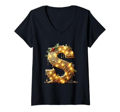Damen Funkelnder Weihnachtsbuchstabe S Joy T-Shirt mit V-Ausschnitt Damen Funkelnder Weihnachtsbuchstabe S Joy T-Shirt mit V-Ausschnitt von Holiday Numbers & Letters Click Here for More...