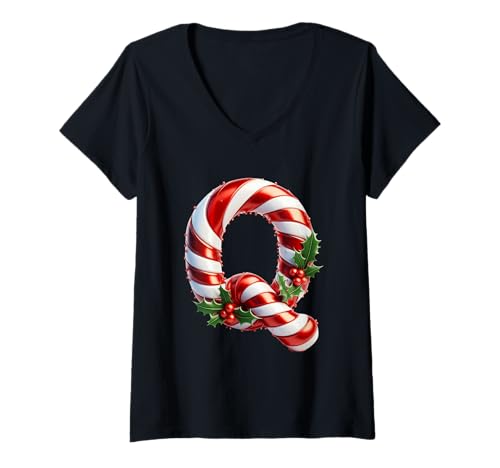 Damen Merry Candy Cane Q Weihnachtsstimmung T-Shirt mit V-Ausschnitt Damen Merry Candy Cane Q Weihnachtsstimmung T-Shirt mit V-Ausschnitt von Holiday Numbers & Letters Click Here for More...