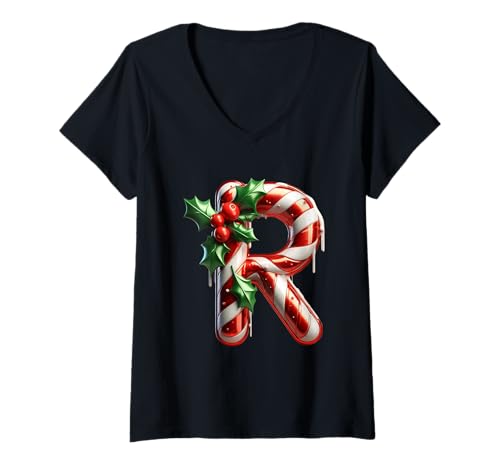 Damen Weihnachten Zuckerstange R Holly Dekoration T-Shirt mit V-Ausschnitt von Holiday Numbers & Letters Click Here for More...