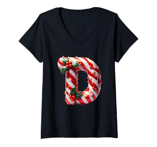 Damen Weihnachtliche Zuckerstange Buchstabe D Stechpalmenbeeren T-Shirt mit V-Ausschnitt Damen Weihnachtliche Zuckerstange Buchstabe D Stechpalmenbeeren T-Shirt mit V-Ausschnitt von Holiday Numbers & Letters Click Here for More...