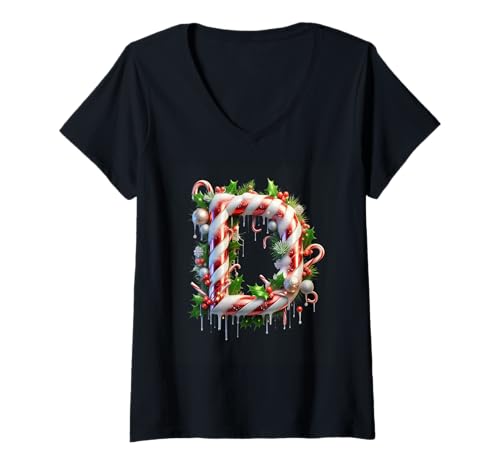 Damen Weihnachtliche Zuckerstange Buchstabe D T-Shirt mit V-Ausschnitt Damen Weihnachtliche Zuckerstange Buchstabe D T-Shirt mit V-Ausschnitt von Holiday Numbers & Letters Click Here for More...
