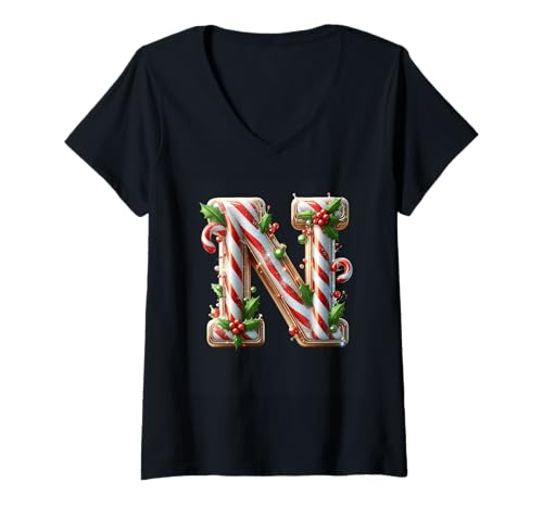 Damen Weihnachtliche Zuckerstange Buchstabe N Joyful Holiday T-Shirt mit V-Ausschnitt Damen Weihnachtliche Zuckerstange Buchstabe N Joyful Holiday T-Shirt mit V-Ausschnitt von Holiday Numbers & Letters Click Here for More...