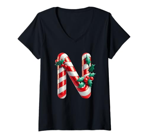 Damen Weihnachtliche Zuckerstange Buchstabe N Stechpalmenbeeren T-Shirt mit V-Ausschnitt Damen Weihnachtliche Zuckerstange Buchstabe N Stechpalmenbeeren T-Shirt mit V-Ausschnitt von Holiday Numbers & Letters Click Here for More...