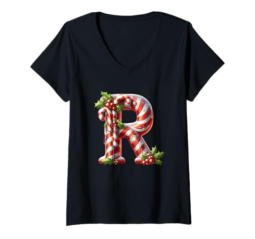Damen Weihnachtliche Zuckerstange Buchstabe R Joyful T-Shirt mit V-Ausschnitt Damen Weihnachtliche Zuckerstange Buchstabe R Joyful T-Shirt mit V-Ausschnitt von Holiday Numbers & Letters Click Here for More...