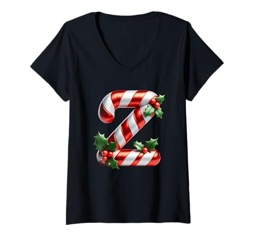 Damen Weihnachtliche Zuckerstange Buchstabe Z Festive Spirit T-Shirt mit V-Ausschnitt Damen Weihnachtliche Zuckerstange Buchstabe Z Festive Spirit T-Shirt mit V-Ausschnitt von Holiday Numbers & Letters Click Here for More...