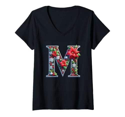 Damen Weihnachts-Buchstabe M, Blumenmotiv T-Shirt mit V-Ausschnitt Damen Weihnachts-Buchstabe M, Blumenmotiv T-Shirt mit V-Ausschnitt von Holiday Numbers & Letters Click Here for More...
