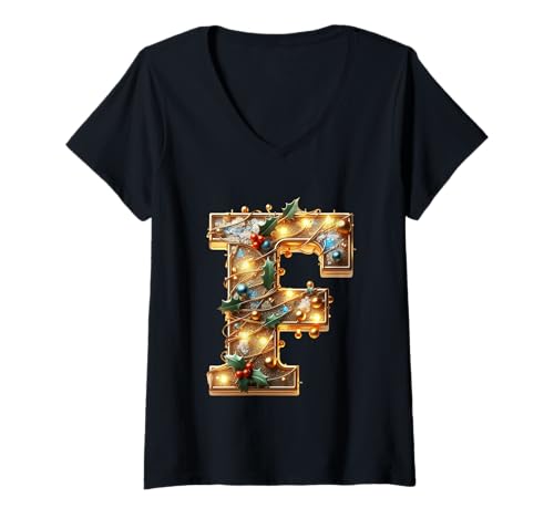 Damen Weihnachts-Monogramm F Holiday Decor T-Shirt mit V-Ausschnitt Damen Weihnachts-Monogramm F Holiday Decor T-Shirt mit V-Ausschnitt von Holiday Numbers & Letters Click Here for More...