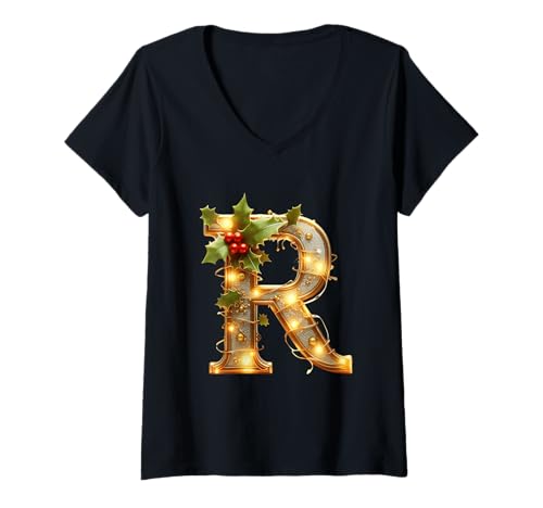Damen Weihnachts-Stechpalmen-Buchstabe R Joyful Spirit T-Shirt mit V-Ausschnitt Damen Weihnachts-Stechpalmen-Buchstabe R Joyful Spirit T-Shirt mit V-Ausschnitt von Holiday Numbers & Letters Click Here for More...
