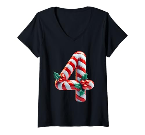 Damen Weihnachts-Süßigkeitenstange Nummer Vier T-Shirt mit V-Ausschnitt Damen Weihnachts-Süßigkeitenstange Nummer Vier T-Shirt mit V-Ausschnitt von Holiday Numbers & Letters Click Here for More...