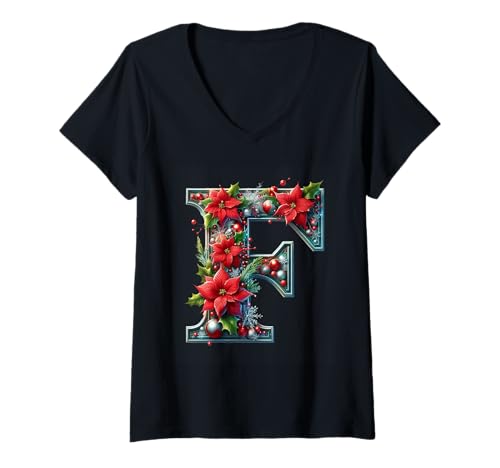 Damen Weihnachtsbuchstabe F, Weihnachtsstern Freude T-Shirt mit V-Ausschnitt von Holiday Numbers & Letters Click Here for More...