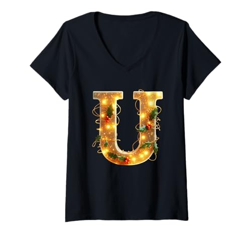 Damen Weihnachtsbuchstabe U Holly Lights T-Shirt mit V-Ausschnitt Damen Weihnachtsbuchstabe U Holly Lights T-Shirt mit V-Ausschnitt von Holiday Numbers & Letters Click Here for More...