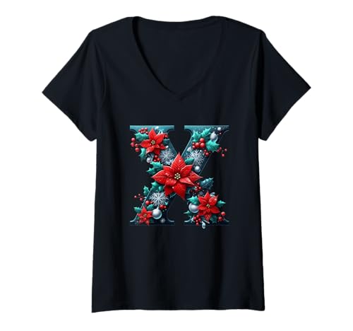 Damen Weihnachtsbuchstabe X Floral Poinsettia Joy T-Shirt mit V-Ausschnitt Damen Weihnachtsbuchstabe X Floral Poinsettia Joy T-Shirt mit V-Ausschnitt von Holiday Numbers & Letters Click Here for More...