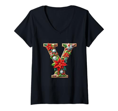 Damen Weihnachtsstern Stechpalme Ornament Buchstabe Y T-Shirt mit V-Ausschnitt Damen Weihnachtsstern Stechpalme Ornament Buchstabe Y T-Shirt mit V-Ausschnitt von Holiday Numbers & Letters Click Here for More...