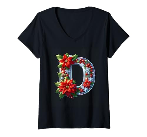 Damen Weihnachtsstern mit D-Buchstabe, Schneeflocken T-Shirt mit V-Ausschnitt Damen Weihnachtsstern mit D-Buchstabe, Schneeflocken T-Shirt mit V-Ausschnitt von Holiday Numbers & Letters Click Here for More...