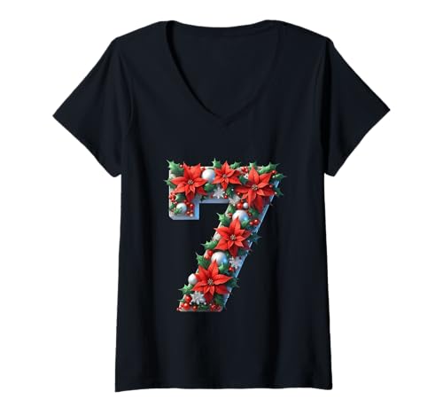 Damen Weihnachtsstern mit der Zahl 7, Stechpalmenbeeren T-Shirt mit V-Ausschnitt von Holiday Numbers & Letters Click Here for More...