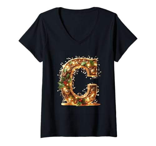 Damen Weihnachtsstimmung Buchstabe C Stechpalmenlichter T-Shirt mit V-Ausschnitt Damen Weihnachtsstimmung Buchstabe C Stechpalmenlichter T-Shirt mit V-Ausschnitt von Holiday Numbers & Letters Click Here for More...