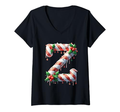 Damen Z Christmas Candy Cane Letter Joy T-Shirt mit V-Ausschnitt Damen Z Christmas Candy Cane Letter Joy T-Shirt mit V-Ausschnitt von Holiday Numbers & Letters Click Here for More...