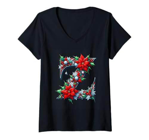 Damen Z Weihnachtsstern mit Blumenmuster T-Shirt mit V-Ausschnitt Damen Z Weihnachtsstern mit Blumenmuster T-Shirt mit V-Ausschnitt von Holiday Numbers & Letters Click Here for More...