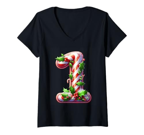 Damen Zuckerstange 1 Stechpalmenbeeren Christmas Joy T-Shirt mit V-Ausschnitt Damen Zuckerstange 1 Stechpalmenbeeren Christmas Joy T-Shirt mit V-Ausschnitt von Holiday Numbers & Letters Click Here for More...