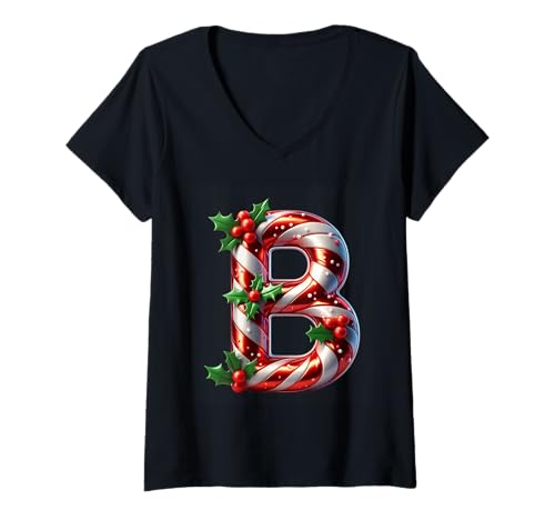 Damen Zuckerstange B Buchstabe Christmas Joy T-Shirt mit V-Ausschnitt Damen Zuckerstange B Buchstabe Christmas Joy T-Shirt mit V-Ausschnitt von Holiday Numbers & Letters Click Here for More...