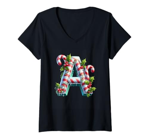 Damen Zuckerstange Buchstabe A Christmas Spirit T-Shirt mit V-Ausschnitt Damen Zuckerstange Buchstabe A Christmas Spirit T-Shirt mit V-Ausschnitt von Holiday Numbers & Letters Click Here for More...