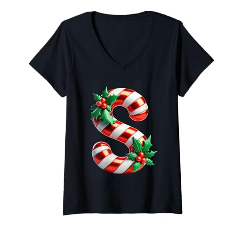 Damen Zuckerstange Buchstabe S Christmas Delight T-Shirt mit V-Ausschnitt Damen Zuckerstange Buchstabe S Christmas Delight T-Shirt mit V-Ausschnitt von Holiday Numbers & Letters Click Here for More...