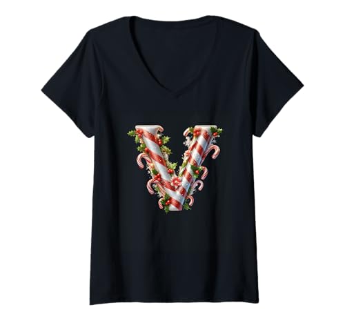 Damen Zuckerstange Buchstabe V Christmas Fun T-Shirt mit V-Ausschnitt Damen Zuckerstange Buchstabe V Christmas Fun T-Shirt mit V-Ausschnitt von Holiday Numbers & Letters Click Here for More...