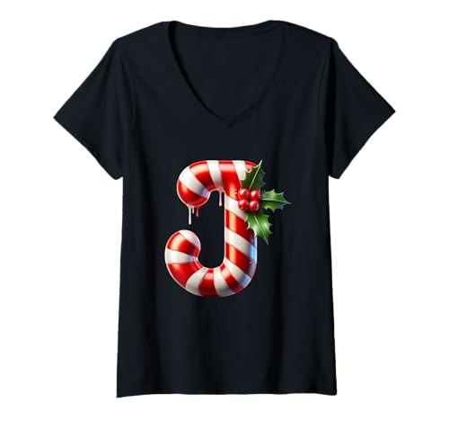 Damen Zuckerstange J Christmas Holly Berries Joy T-Shirt mit V-Ausschnitt Damen Zuckerstange J Christmas Holly Berries Joy T-Shirt mit V-Ausschnitt von Holiday Numbers & Letters Click Here for More...
