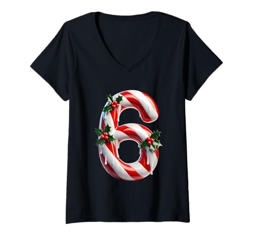 Damen Zuckerstange Nummer 6 Weihnachtsstimmung T-Shirt mit V-Ausschnitt Damen Zuckerstange Nummer 6 Weihnachtsstimmung T-Shirt mit V-Ausschnitt von Holiday Numbers & Letters Click Here for More...