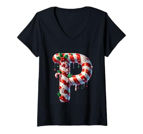 Damen Zuckerstange Weihnachtsbuchstabe P T-Shirt mit V-Ausschnitt Damen Zuckerstange Weihnachtsbuchstabe P T-Shirt mit V-Ausschnitt von Holiday Numbers & Letters Click Here for More...