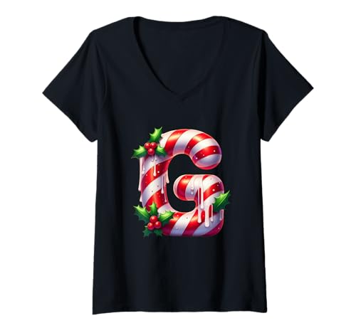 Damen Zuckerstangen-Buchstabe G mit Stechpalmenbeeren T-Shirt mit V-Ausschnitt Damen Zuckerstangen-Buchstabe G mit Stechpalmenbeeren T-Shirt mit V-Ausschnitt von Holiday Numbers & Letters Click Here for More...