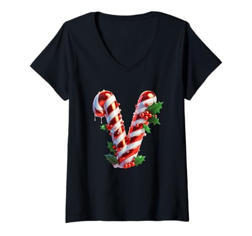 Damen Zuckerstangen-Buchstabe V Urlaubs-Design T-Shirt mit V-Ausschnitt Damen Zuckerstangen-Buchstabe V Urlaubs-Design T-Shirt mit V-Ausschnitt von Holiday Numbers & Letters Click Here for More...