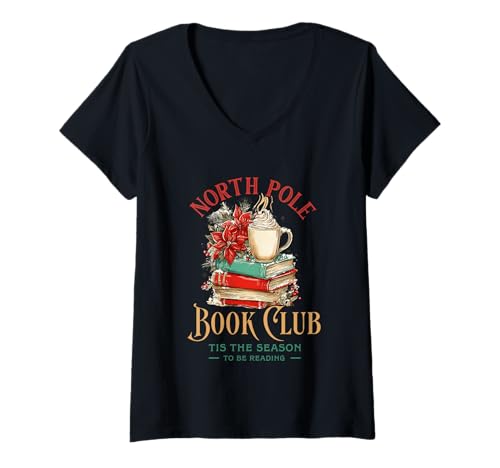 Damen North Pole Book Club Tis The Season Reading T-Shirt mit V-Ausschnitt Damen North Pole Book Club Tis The Season Reading T-Shirt mit V-Ausschnitt von Holiday Reading Cozy Winter Books Club
