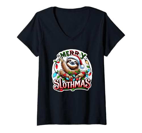 Damen Lustiges Faultier in Weihnachtsbeleuchtung gewickelt mit lustigen Faultieren T-Shirt mit V-Ausschnitt Damen Lustiges Faultier in Weihnachtsbeleuchtung gewickelt mit lustigen Faultieren T-Shirt mit V-Ausschnitt von Holiday Sloths Inc.
