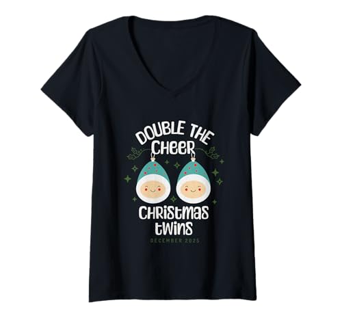 Damen Double The Cheer Christmas Twins Dezember 2025 Geschwister T-Shirt mit V-Ausschnitt Damen Double The Cheer Christmas Twins Dezember 2025 Geschwister T-Shirt mit V-Ausschnitt von Holiday Toddler Baby Twins Siblings Winter 2025