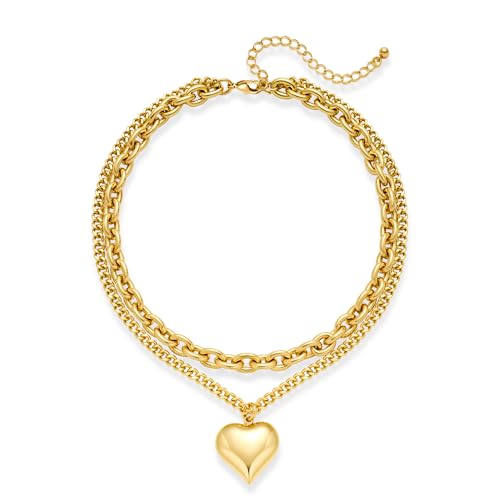HolidayQbee Damen Halskette Gold Herz – Doppelte Layering Kette Mit Anhänger, Nickelfrei & Hypoallergen, Statement Schmuck Für Alltag & Party von HolidayQbee