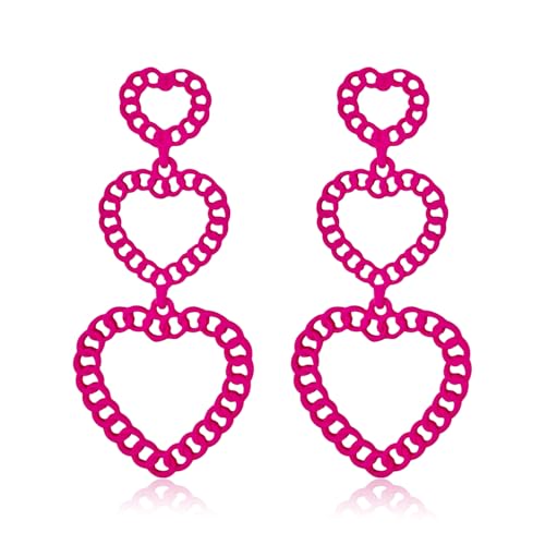 HolidayQbee Damen Ohrringe Pink – Hängende Ohrringe in Herzform, Pinke Design mit Kettenstruktur, Geschenk für Frauen, Mode Accessoire von HolidayQbee