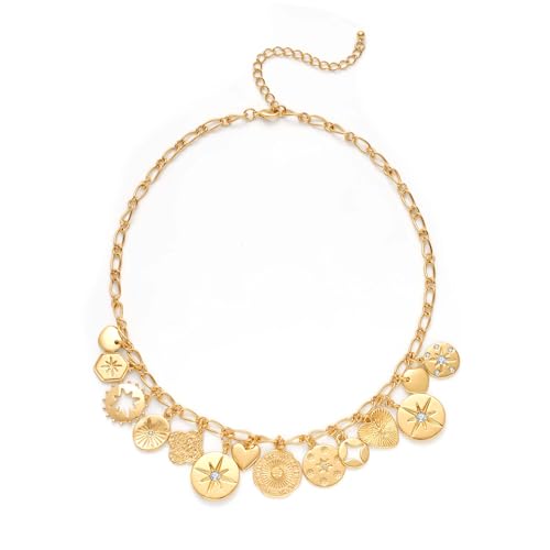 HolidayQbee Damen Halskette Gold Mit Charms, Vergoldete Münz- & Stern-Anhänger, Hypoallergen & Nickelfrei, Farbtreu, Boho Layering Statement Kette Für Frauen von HolidayQbee