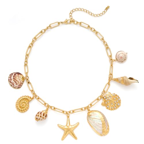 HolidayQbee Muschelkette Gold Damen – Goldfarbene Halskette mit Muscheln, Seestern & Anhängern im Boho Stil, Hautfreundlich & Farbtreu, Geschenk für Frauen & Alltag HolidayQbee Muschelkette Gold Damen – Goldfarbene Halskette mit Muscheln, Seestern & Anhängern im Boho Stil, Hautfreundlich & Farbtreu, Geschenk für Frauen & Alltag von HolidayQbee