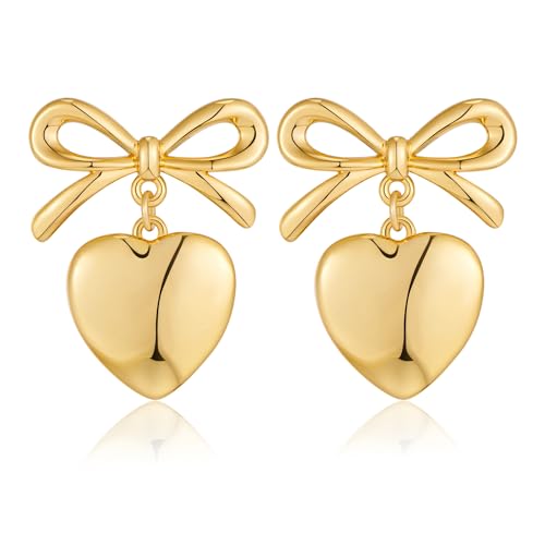 HolidayQbee Schleife Herz Ohrringe Damen mit Gold-Schleife und Herz-Anhänger – Elegantes Geschenk für Sie, Ohrringe für Besondere Anlässe, Alltags- und Party-Mode von HolidayQbee