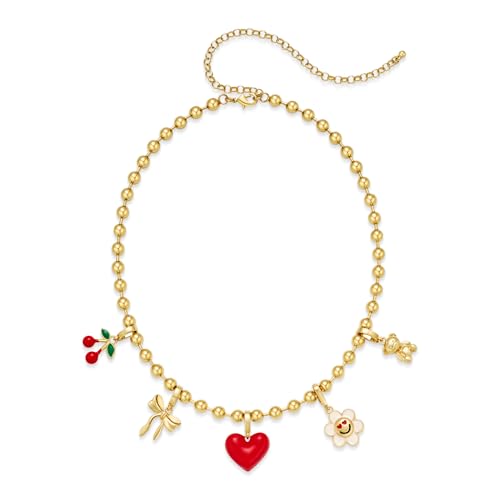 HolidayQbee Goldkette Damen Verspielte Kette Gold Mit Charms Herz, Blume & Kirsche, Kettenanhänger Gold, Hautfreundlich, Geschenk Halskette Damen von HolidayQbee