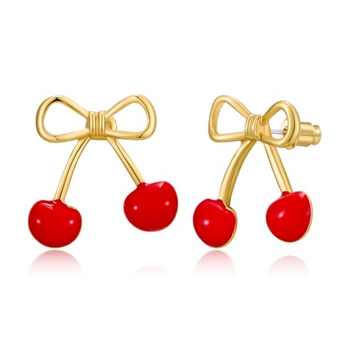 HolidayQbee Goldene Ohrringe Damen Süße Schleife Mit Kirsche Design, Ohrringe Gold Für Frauen, Nickelfrei, Statement Ohrringe Gold, Geschenk Für Mädchen & Damen HolidayQbee Goldene Ohrringe Damen Süße Schleife Mit Kirsche Design, Ohrringe Gold Für Frauen, Nickelfrei, Statement Ohrringe Gold, Geschenk Für Mädchen & Damen von HolidayQbee